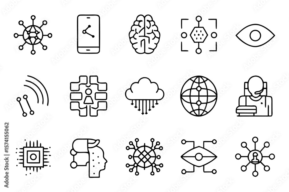 Poster collection of futuristic technological symbols and elements representing innovation connectivity and