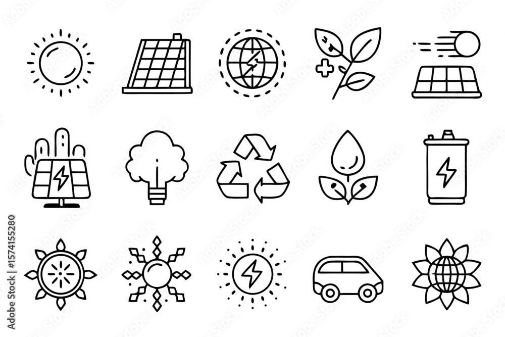 Poster clean and modern collection of renewable power and ecological symbols presented in a minimalist outl