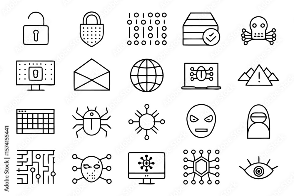 Poster collection of cyber security themed graphic elements featuring a digital intruder and associated sym