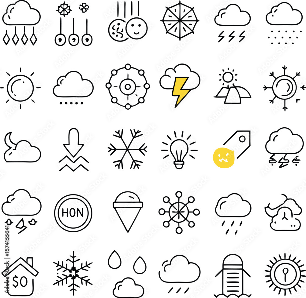 Poster weather icon set collection in hand drawn vector style for web and design illustration