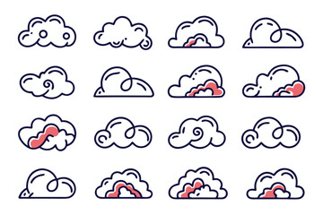 Obraz premium Charming hand drawn cartoon cloud collection featuring a variety of whimsical monochrome weather elements perfect for creative projects and designs