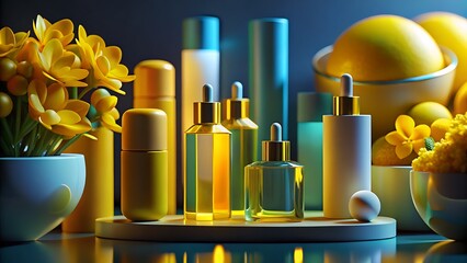 Luxury Skincare Products:  Elegant Yellow & Teal Bottles, Floral Arrangement 3D icon high quality resolution