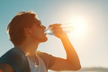 Man Drinking Water From a Bottle Under Bright Sunlight at Sunset