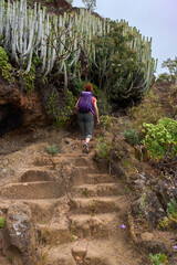 Hiker ascending volcanic trail in Anaga