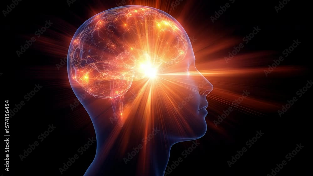 Poster a head with a brain and a light shining on it. the light is orange. the head is in a black backgroun