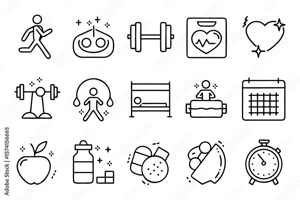 Poster comprehensive collection of clean modern line art symbols representing a balanced and active way of 
