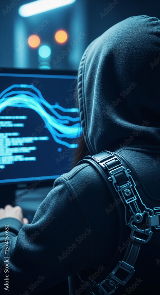 Poster rear view of hooded figure working at computer displaying code, showcasing technological focus and d