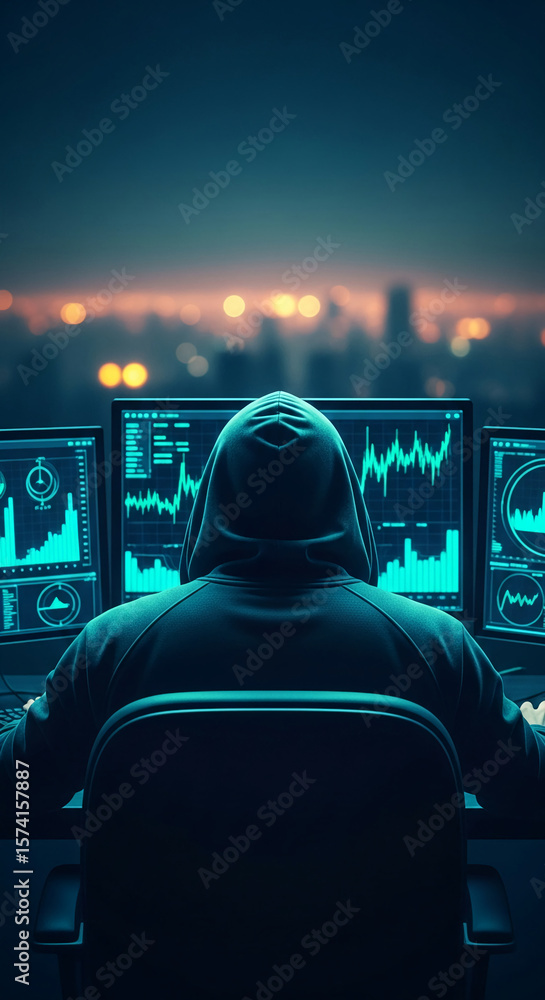 Poster hooded figure sits before multiple computer screens displaying data graphs, set against a blurred ci