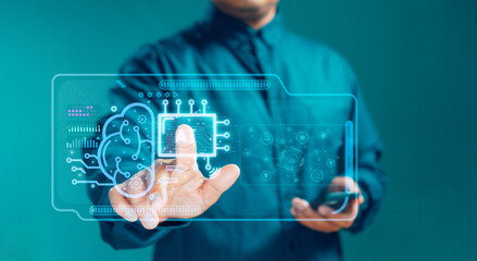 Concept technology Artificial intelligence and Cloud Computing Network. Businessman's finger touches an AI icon technology brain smart and digital innovation through a touchscreen virtual display.