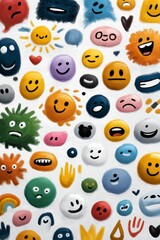 Fototapeta premium Colorful cartoon faces with various emotions and expressions on white background
