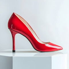 Red patent leather heels on white background, elegant footwear for fashion or advertising