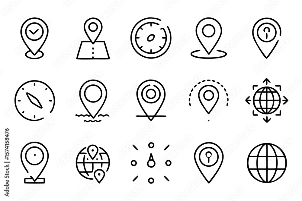Poster a collection of twelve distinct graphic symbols representing concepts of time location and general i