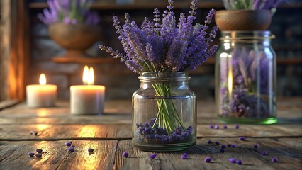 Lavender Calm: Tranquil Scene with Candles and Jars of Dried Lavender 3D icon high quality resolution