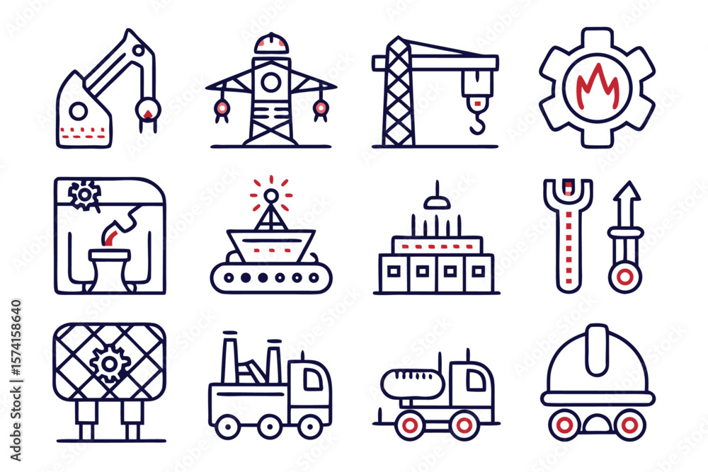 Poster comprehensive collection of industrial process and manufacturing line graphics featuring production 