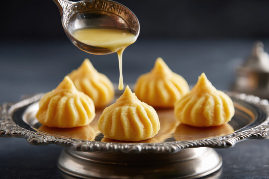 Delicious modak with pouring clarified butter on lord ganesha festival