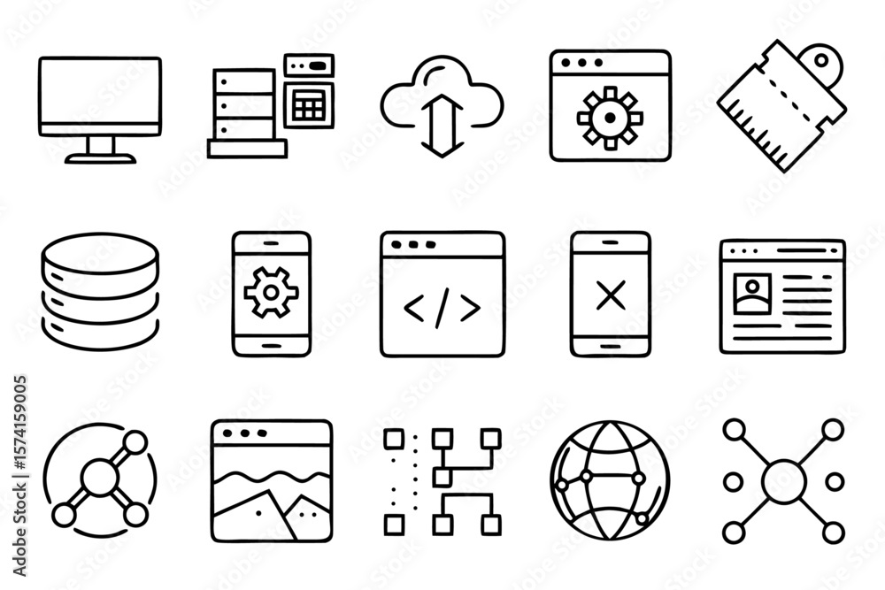 Poster a comprehensive collection of modern minimalist line art symbols representing various aspects of inf