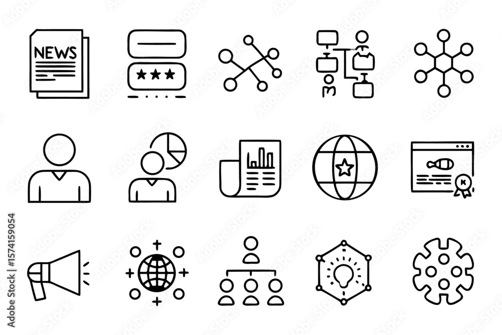 Poster comprehensive collection of clean modern line art symbols representing news communication and inform