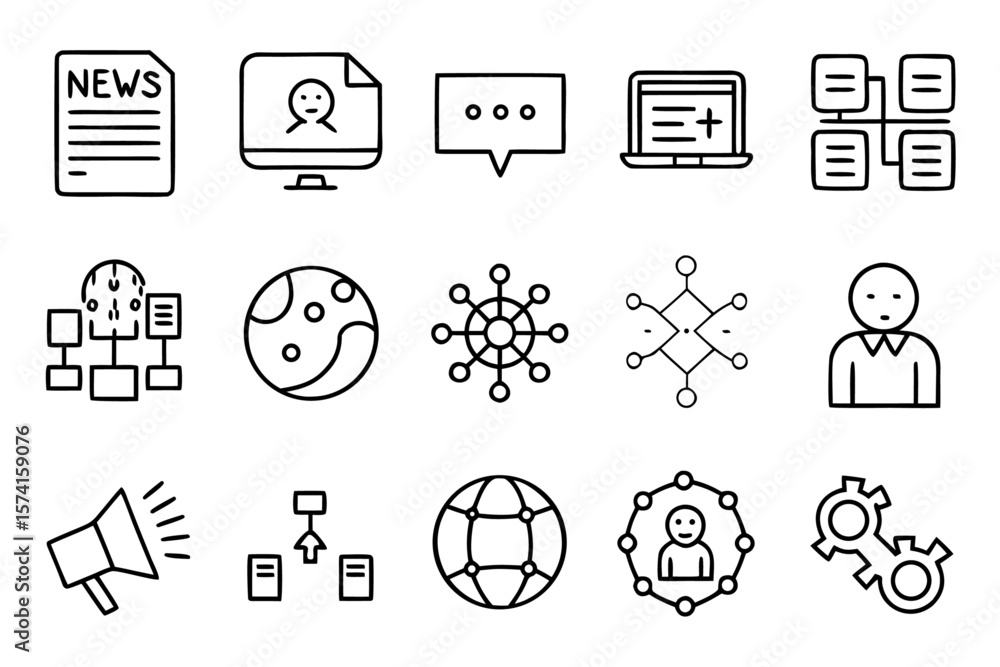 Poster comprehensive collection of clean modern line art symbols representing news data and communication f