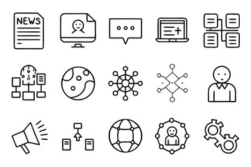 Comprehensive collection of clean modern line art symbols representing news data and communication for digital interfaces and informational graphics