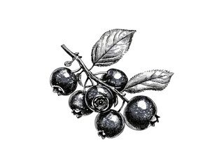 Vintage style blueberry cluster engraving, antique ink drawing, retro food decor, small fruit hand-drawn print, old engraving style, trendy berry sketch, rustic kitchen art, botanical illustration