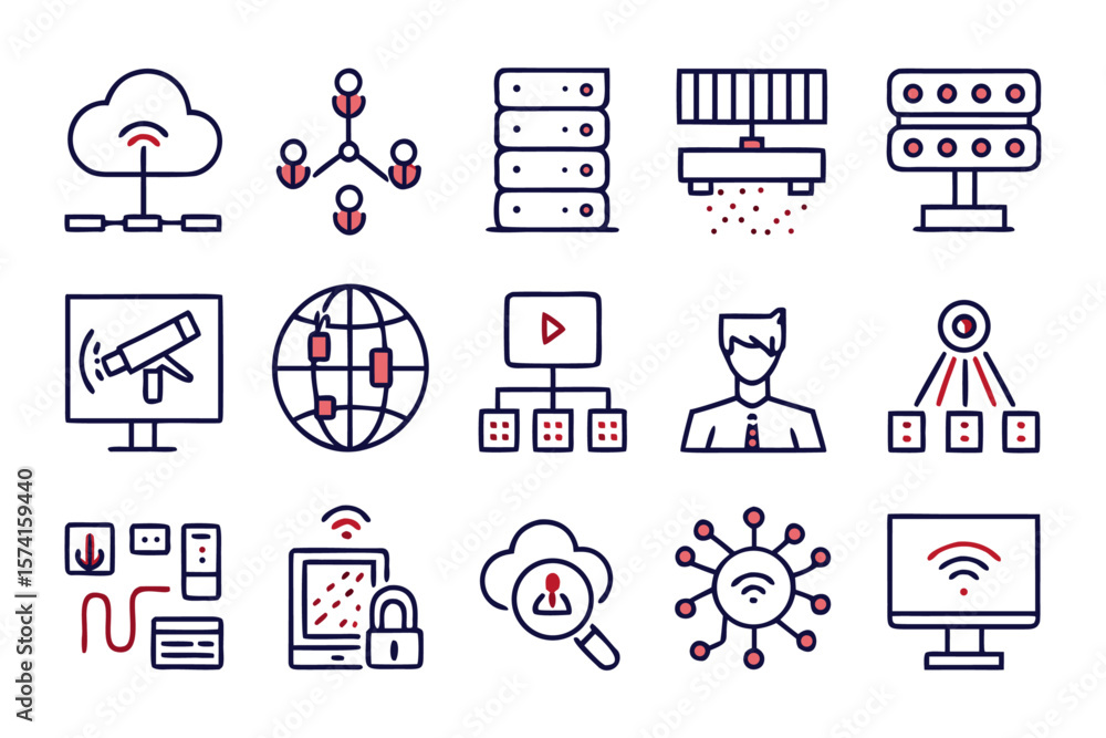 Poster comprehensive outline collection of digital communication symbols and connectivity elements for web 