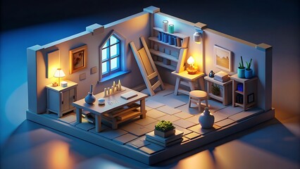 3D Render: Medieval Alchemist's Workshop - Fantasy Room Interior Design, Low-Poly, Voxel Art, Game Asset,  Night Lighting, Cozy Atmosphere 3D icon high quality resolution