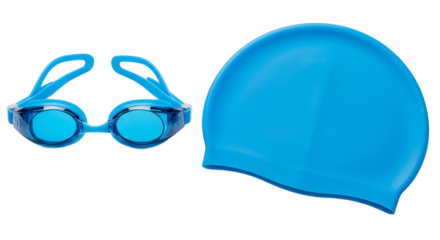 Bright blue swim cap and swimming goggles ready for recreational water activities, transparent background