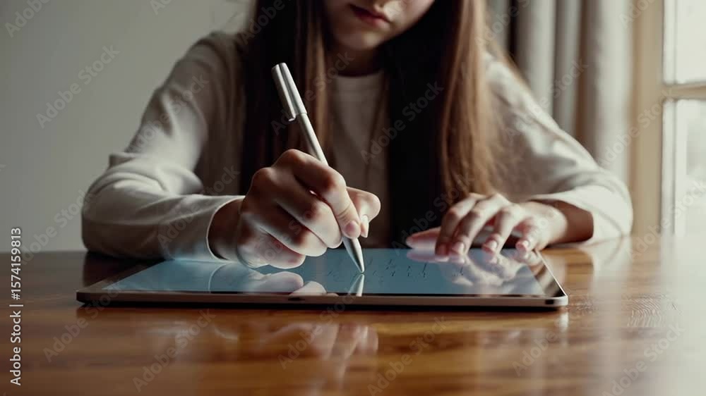 Poster concentrated pupil writing notes or solving exercises using a stylus pen on a tablet computer, sitti