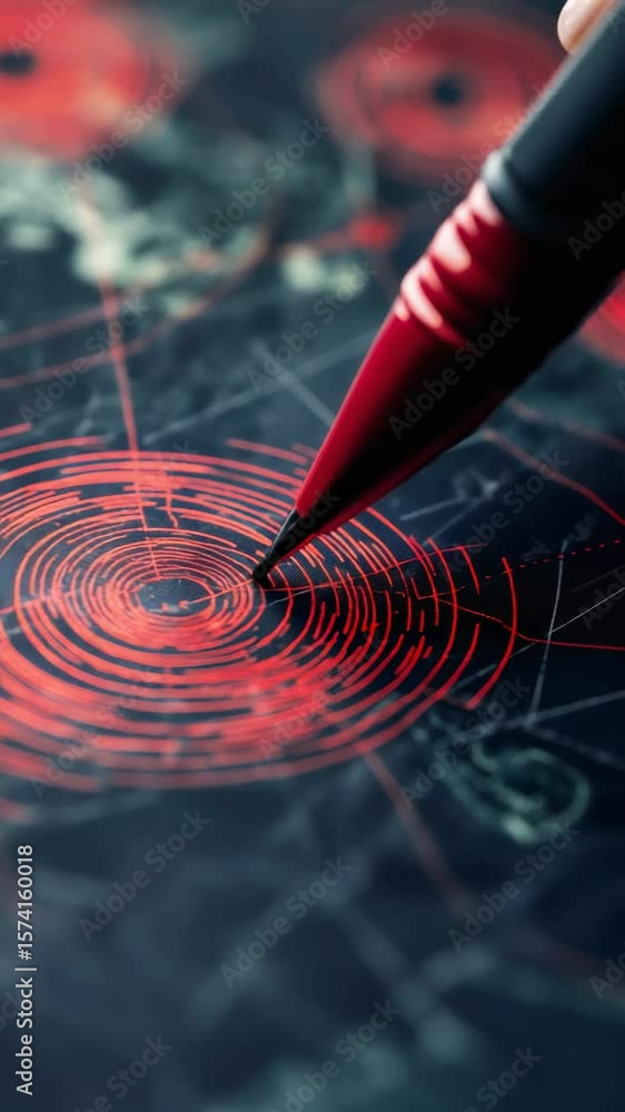 Poster red pen marking earthquake epicenter on world map, revealing expanding seismic waves radiating from 