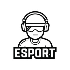 Monochrome illustration of an esports gamer wearing headphones and goggles, with 'ESPORT' text.