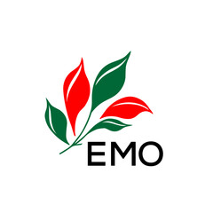 EMO Abstract Botanical Logo with Elegant Typography, EMO  Later Logo, Modern Nature Inspired Logo with Red and Green Leaves.
