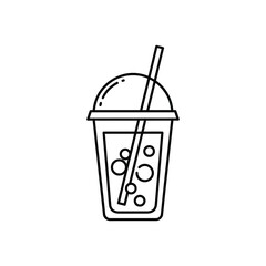 Simple line art icon of a cold drink or bubble tea in a plastic cup with a straw.