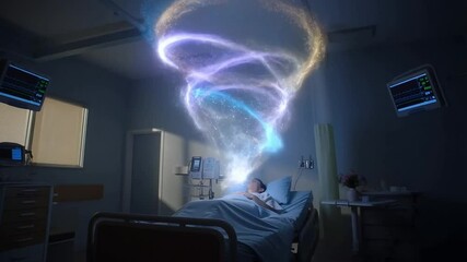 Above the body, a glowing spiral of multicolored energy begins to swirl — vibrant streams of blue, violet, gold, and white rotate upward in a slow, elegant motion and transforms to Astral body or soul