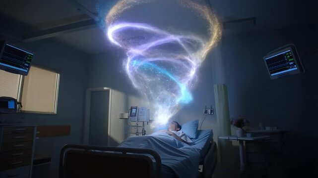 Above the body, a glowing spiral of multicolored energy begins to swirl — vibrant streams of blue, violet, gold, and white rotate upward in a slow, elegant motion and transforms to Astral body or soul