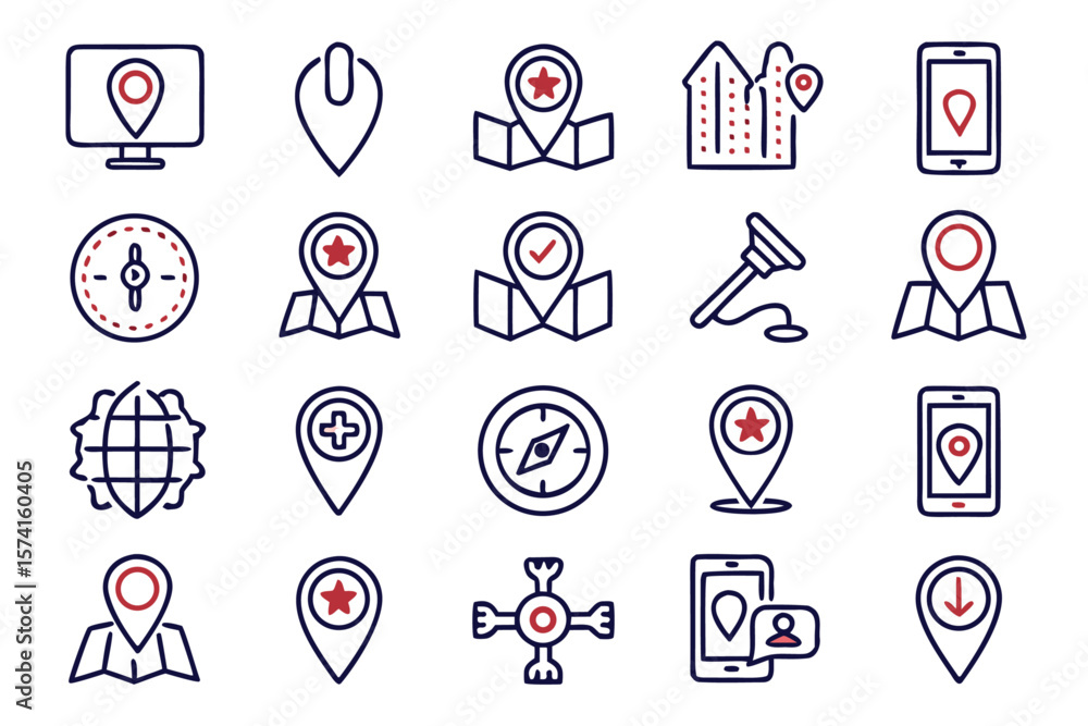 Poster comprehensive collection of thin line graphical elements representing various navigation and pinpoin