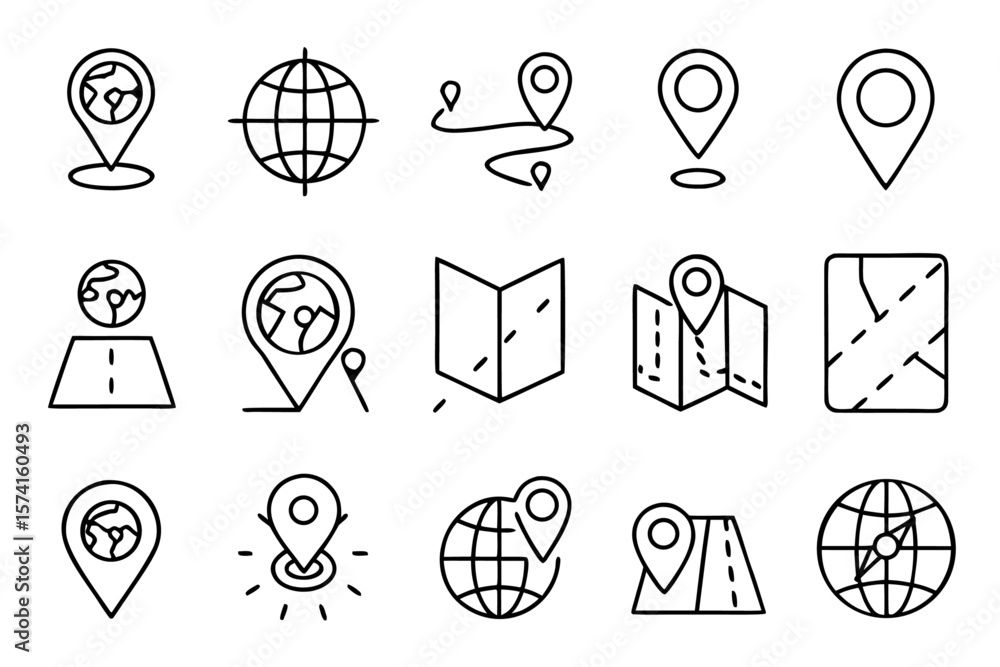 Poster a comprehensive collection of minimalist line art symbols for web navigation featuring essential loc