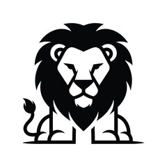 A bold, stylized black and white illustration of a sitting lion with a majestic mane.