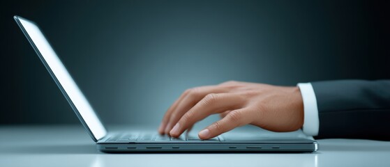 Business professional typing on laptop in modern office digital work indoor setting focused perspective on technology and productivity