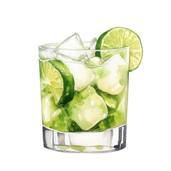 Caipirinha cocktail with crushed ice and lime slices in a short glass. Watercolor illustration isolated on transparent background. Traditional Brazilian drink with cachaca