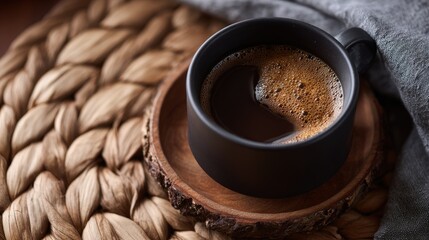 Black Coffee in a Dark Mug on a Wooden Coaster