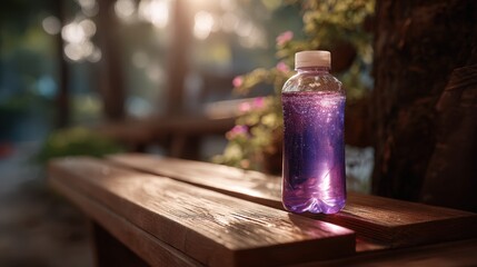 Purple Sparkling Drink in Bottle on Wooden Bench
