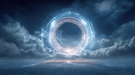 Glowing Blue Circle in Night Sky with Clouds