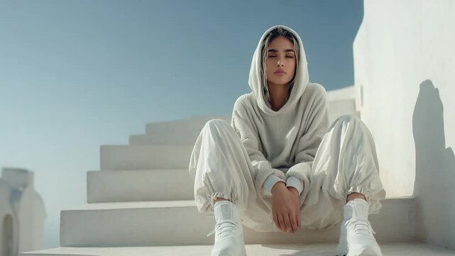 Model In beige oversized hoodie and loose cream 4K Videos