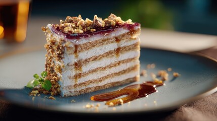 Layered Nut and Jelly Cake on a Grey Plate