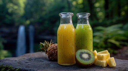 Yellow and Green Fruit Smoothies in Bottles near Waterfall