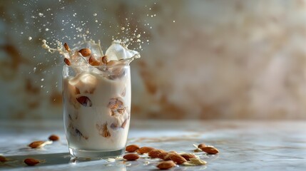 Creamy Almond Milk Splash in Glass with Almonds