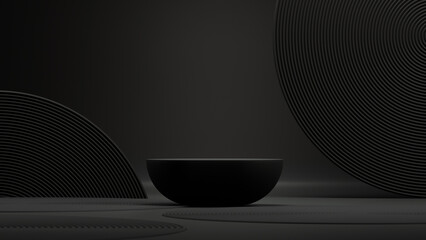 Abstract product background. Japanese style pedestal and bonsai tree black background for cosmetic, perfume, product presentation. 3D rendering, illustration