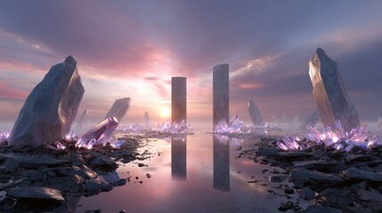 Surreal Sunset Landscape with Crystal Structures