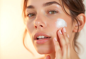 Beautiful woman applying skincare cream gently