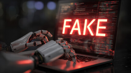 Artificial intelligence creating fake news content. A robotic entity types content with red “FAKE” text glowing on screen – symbolizes how generative AI can be misused for spreading misinformation.